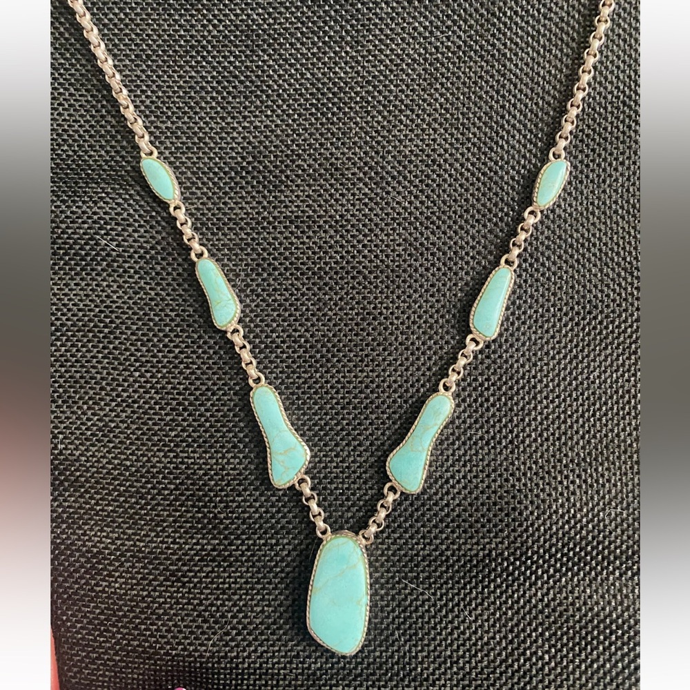 Southwestern Style Sterling Silver Turquoise Y Drop Statement Necklace ~18.5